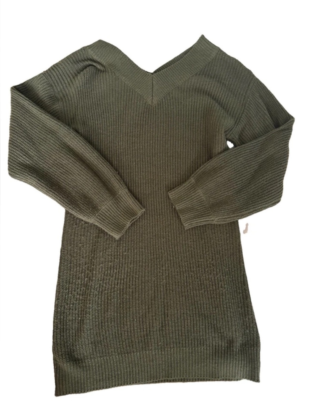 SHEIN Olive Green Ribbed Knit Sweater Dress V-Neck Long Sleeve Mini Tunic Small
